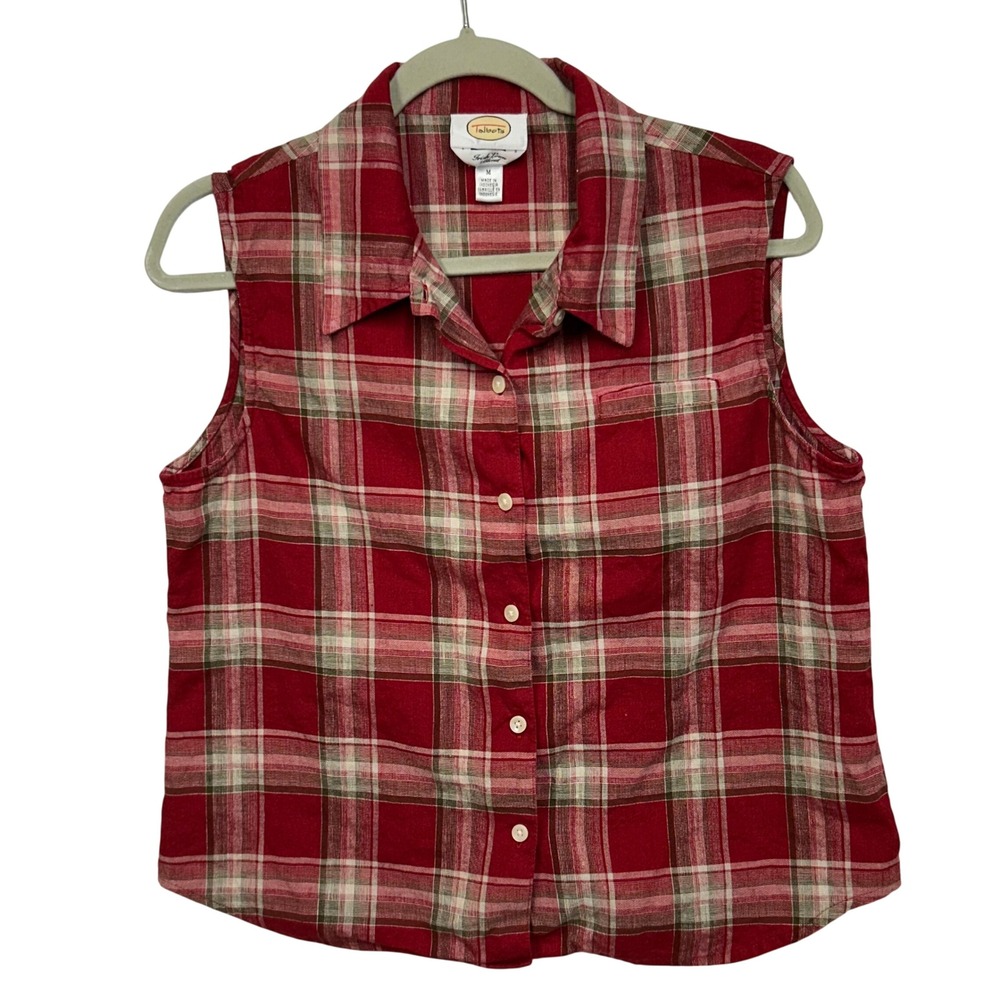 Talbots Womens Red Plaid Irish Linen Blend Country Cowgirl Beach Shirt M - Picture 1 of 7
